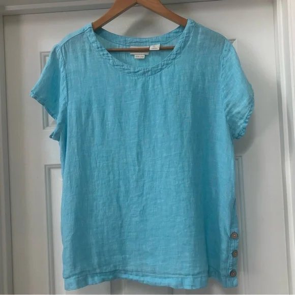 Cynthia Rowley 100% Linen Aqua Blue Short Sleeve Top Button Hem Size L - Picture 3 of 9
